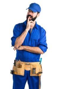 Bow emergency plumber, doing surprise gesture